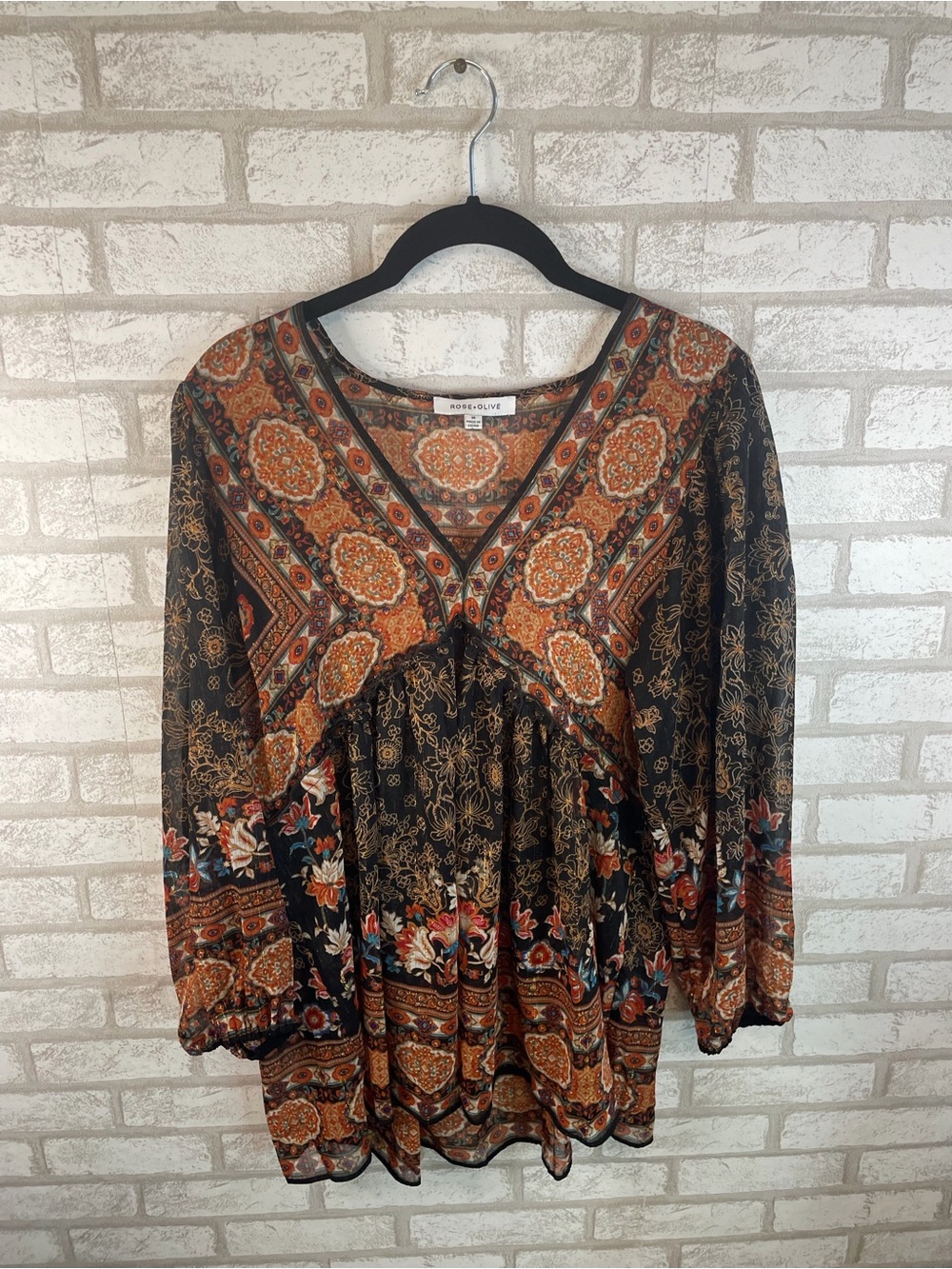 Rose + Olive Boho Floral Medallion Print Babydoll Blouse Size M - Picture 2 of 7